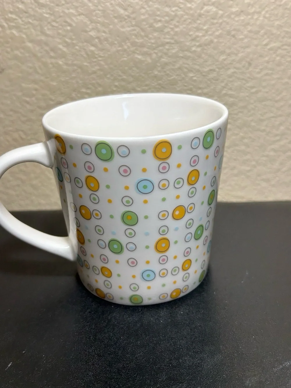 Starbucks White Ceramic Mug with Green, Yellow, Blue, Pink Dot Pattern Vintage